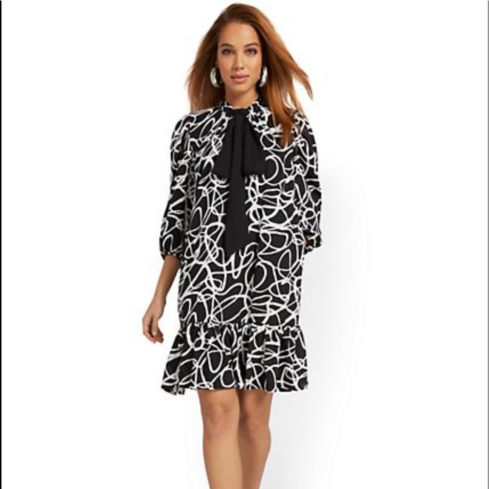 Brand New Abstract-Print Bow-Neck Dress